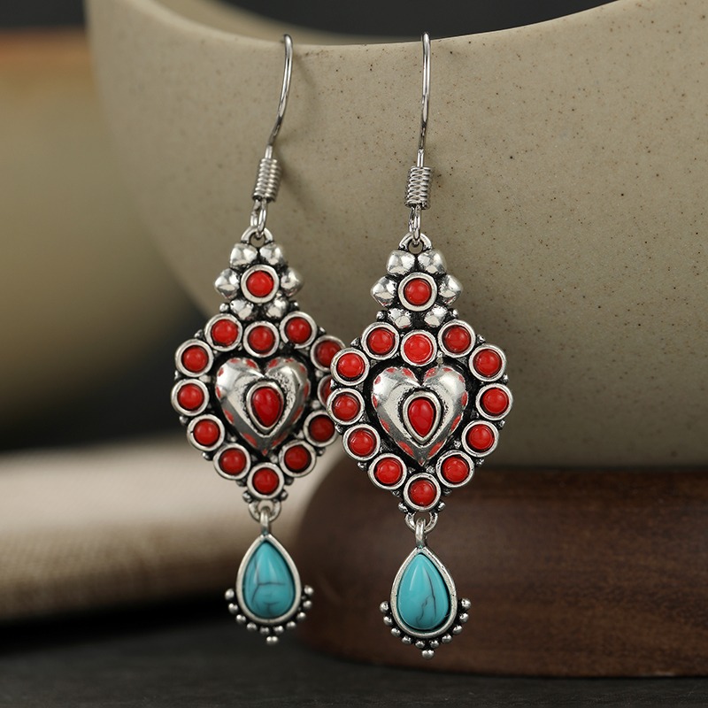 Women's Heart-Shaped Two-Tone Turquoise Inlaid Dangling Earrings